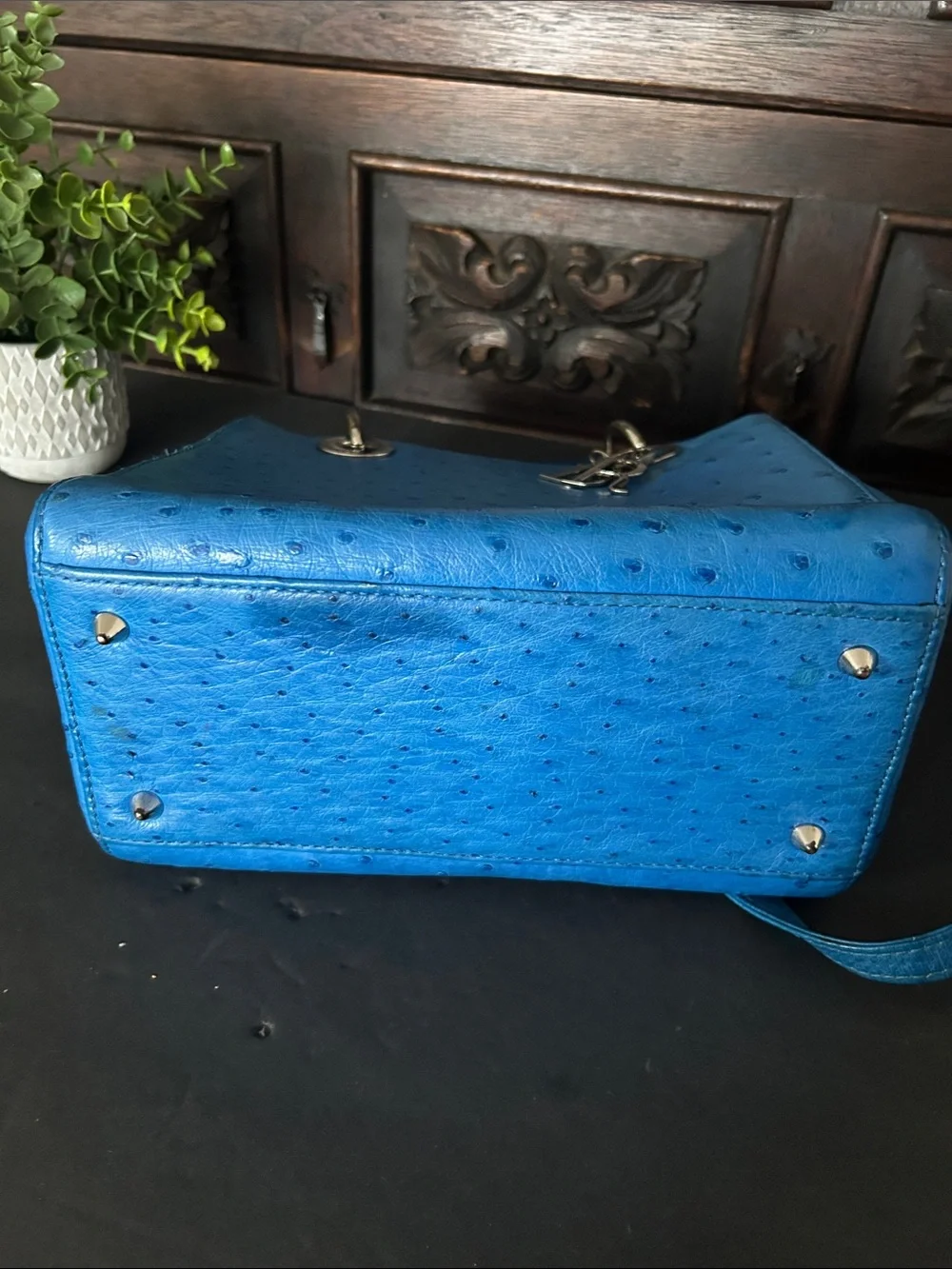 Beautiful Blue Ostrich-Textured Lady Tote with DR Charm